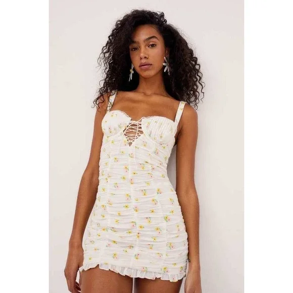 For Love & Lemons Celia Floral Embroidered Shirred Lace-Up Mini Dress XS - Picture 1 of 14